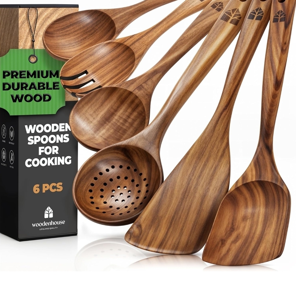 New Wooden Cooking Utensils, Spoons, Spatula Set 6 Pc, Brown, BUY NOW ONLY